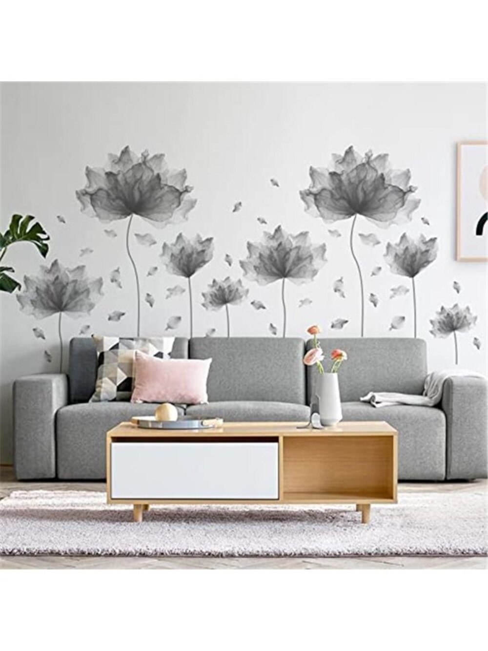 Large Gray Floral Wall Decals Peel Stick Removable Waterproof Flower Stickers
